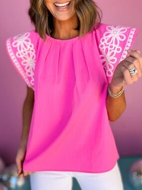 Jodifl Oversized Embroidered Flutter Sleeve Top